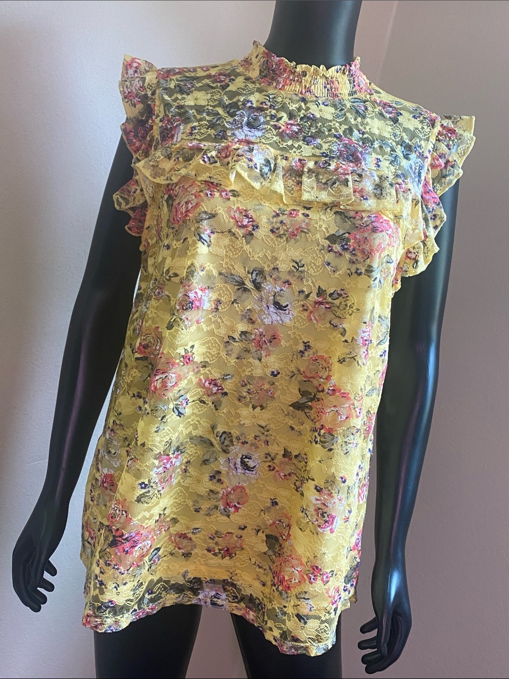Almost Famous Yellow Floral Lace Ruffle Tank